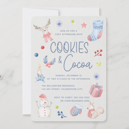 かわいいクリスマスウォーターカラースクリプトクッキーココア 招待状 (正面)