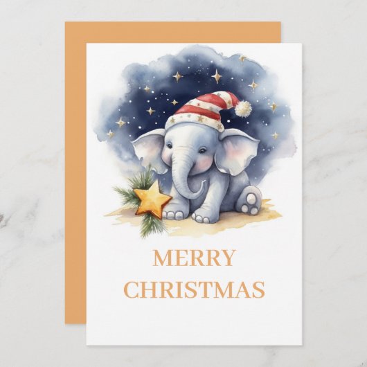 かわいいクリスマスウォーターカラーゾウ シーズンカード (正面/裏面)