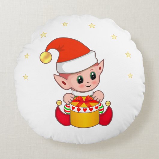 かわいいクリスマスエルフと星 ラウンドクッション (正面)