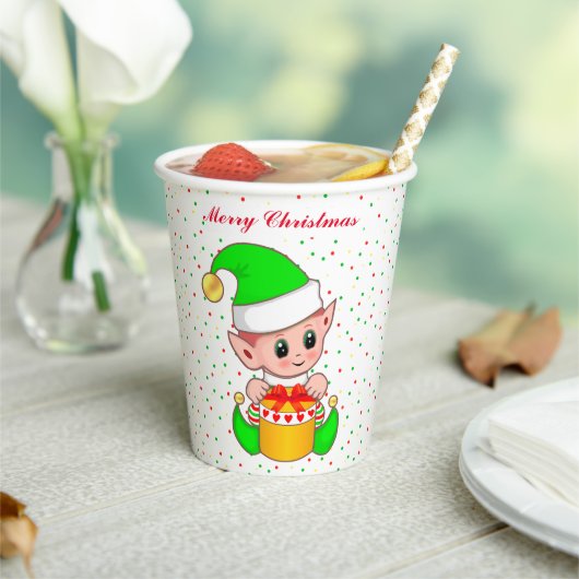 かわいいクリスマスエルフと紙吹雪の紙コップ 紙コップ (インサイチュ)