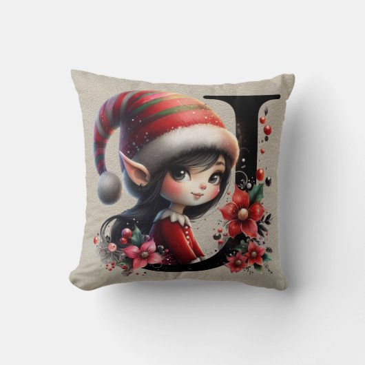 かわいいクリスマスエルフ フェスティブ J フェイクタン レザー クッション (正面)