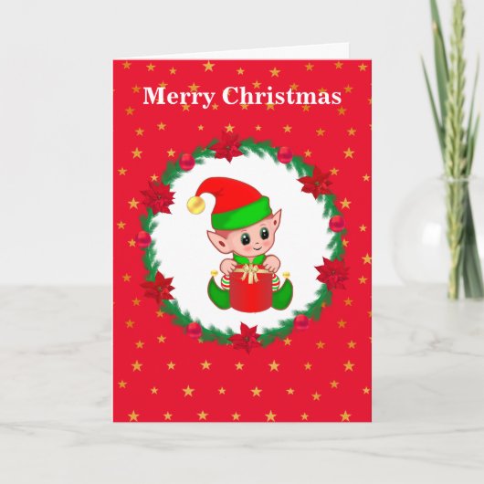 かわいいクリスマスエルフ、モミのリースと星 カード (正面)