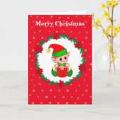 かわいいクリスマスエルフ、モミのリースと星 カード (黄色い花)