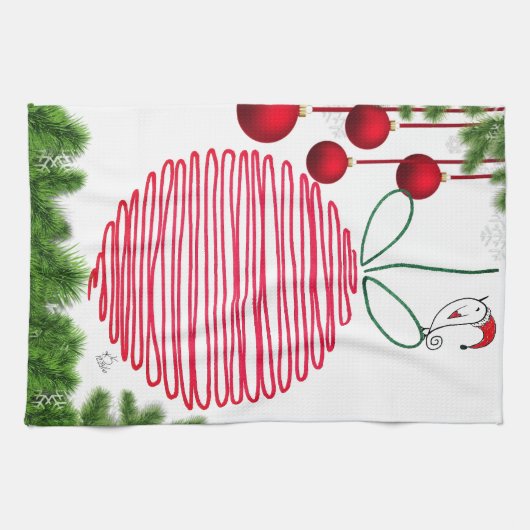 かわいいクリスマスオーナメントとバーディのキッチンタオル キッチンタオル (横)