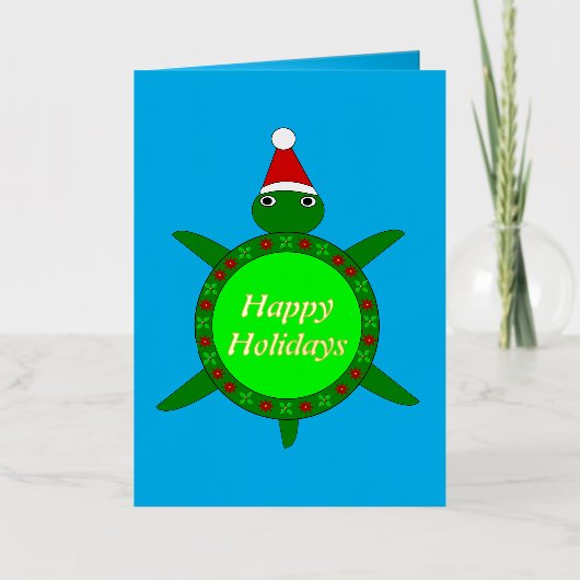 かわいいクリスマスカメと花の殻カスタム付き 箔グリーティングカード (正面)