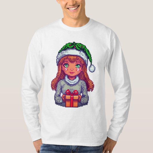 かわいいクリスマスガールのピクセルアート Tシャツ (正面)