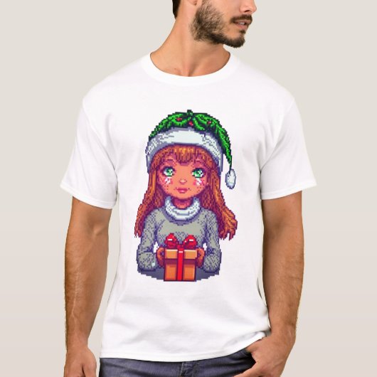かわいいクリスマスガールのピクセルアートTシャツ Tシャツ (正面)