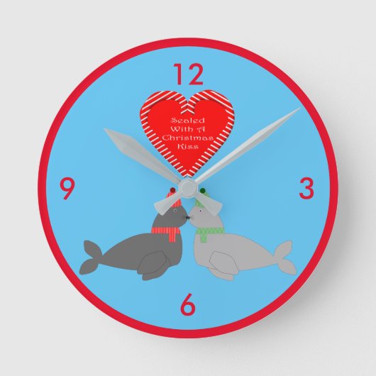 かわいいクリスマスキスをするシール ラウンド壁時計 (正面)