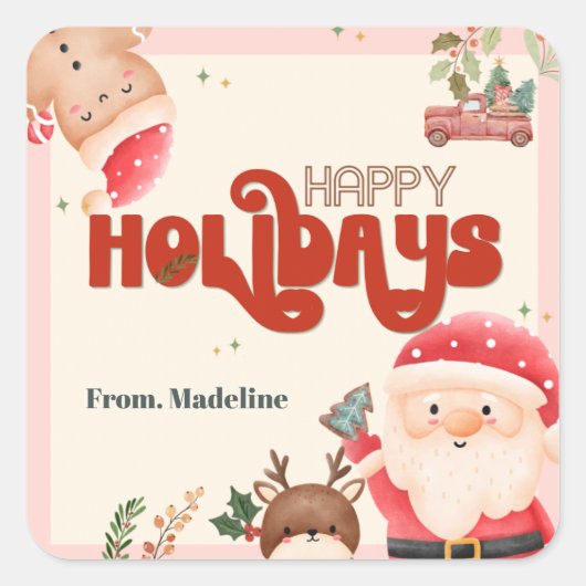 かわいいクリスマスキッズサンタホリデーパーティーの招待 スクエアシール (正面)