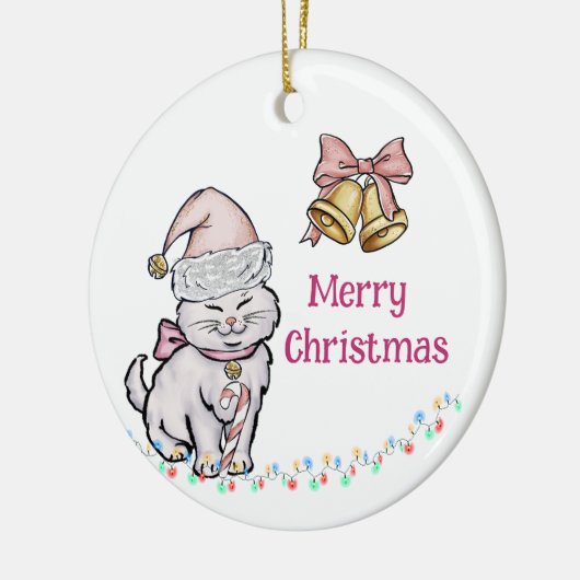 かわいいクリスマスキッテンとサンタ帽　カスタムネーム セラミックオーナメント (左)