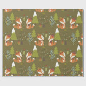 かわいいクリスマスキツネと緑の子供の休日 ラッピングペーパー (フラット)