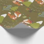 かわいいクリスマスキツネと緑の子供の休日 ラッピングペーパー (角)