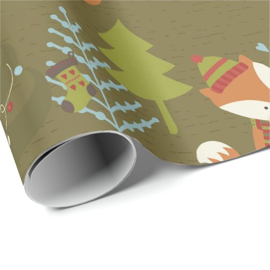 かわいいクリスマスキツネと緑の子供の休日 ラッピングペーパー (ロールコーナー)