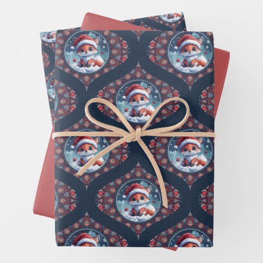 かわいいクリスマスキツネドットマンダラオジーダマスク ラッピングペーパーシート (インサイチュ)