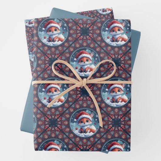 かわいいクリスマスキツネドットマンダラダイヤモンドタイル ラッピングペーパーシート (インサイチュ)
