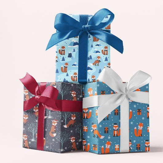 かわいいクリスマスキツネ冬の雪模様 ラッピングペーパーシート