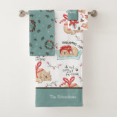 かわいいクリスマスキティ猫パターンティール(緑がかった色)とホワイト バスタオルセット (インサイチュ)