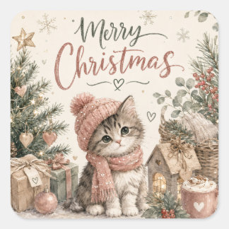 かわいいクリスマスキテンのスクエアステッカー 気まぐれな猫 スクエアシール