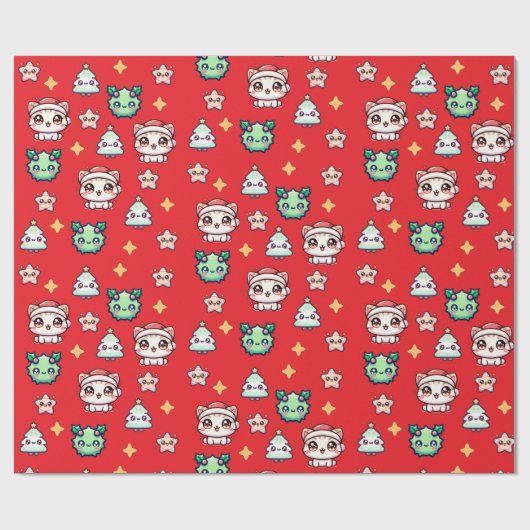 かわいいクリスマスキャッツ&スターラッピング紙 ラッピングペーパー (フラット)