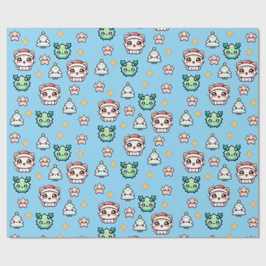 かわいいクリスマスキャッツ&スターラッピング紙 ラッピングペーパー (フラット)
