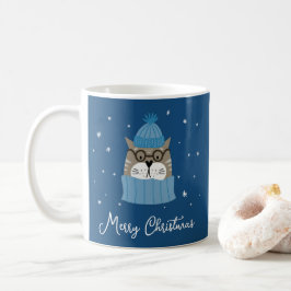 かわいいクリスマスキャットの居心地の良さ、雪片ブルー コーヒーマグカップ