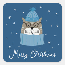 かわいいクリスマスキャットの居心地の良さ、雪片ブルー スクエアシール