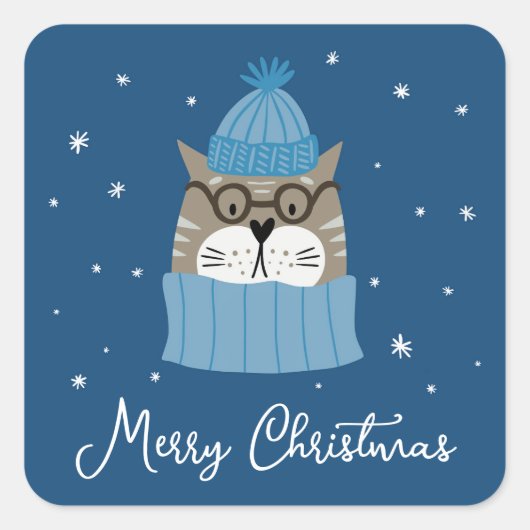 かわいいクリスマスキャットの居心地の良さ、雪片ブルー スクエアシール (正面)
