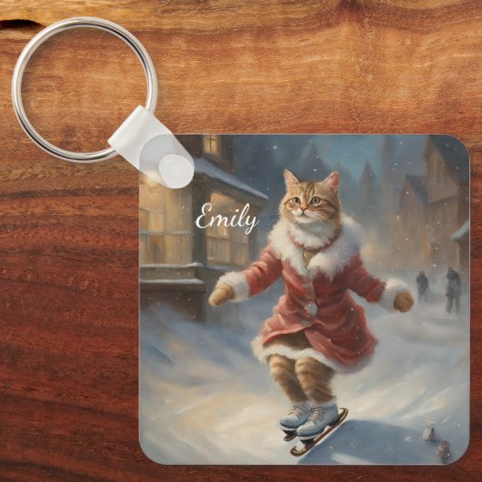 かわいいクリスマスキャットスケートで滑る キーホルダー (正面)