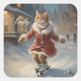 かわいいクリスマスキャットスケートで滑る スクエアシール