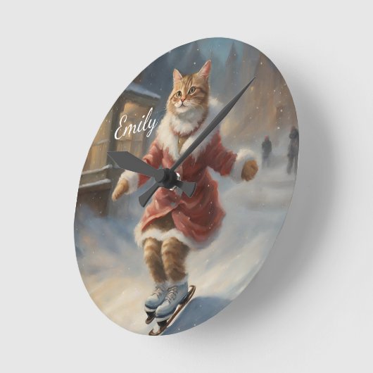 かわいいクリスマスキャットスケートで滑る ラウンド壁時計 (傾斜)