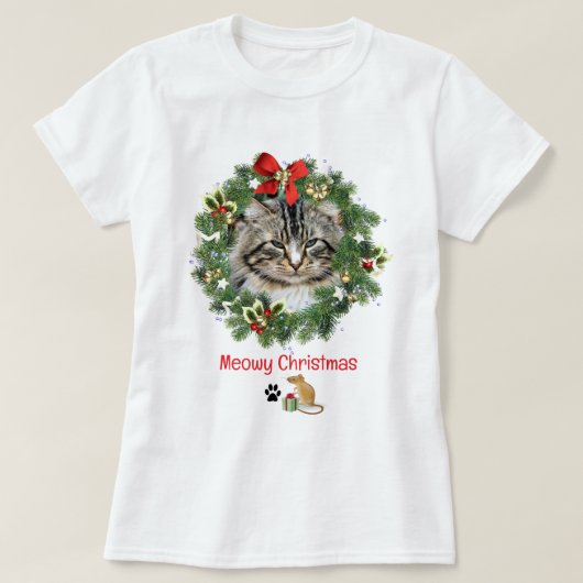 かわいいクリスマスキャットフォトリース Tシャツ (デザイン正面)