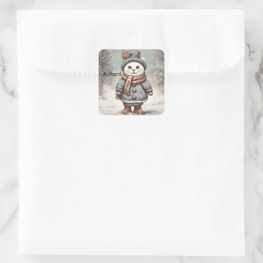 かわいいクリスマスキャット雪だるまウォーターお洒落カラー スクエアシール (バッグ)
