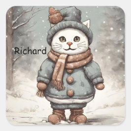 かわいいクリスマスキャット雪だるまウォーターお洒落カラー スクエアシール
