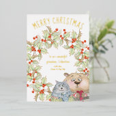 かわいいクリスマスキャット&ドッグホリーリース金ゴールド 箔シーズンカード (立ち正面)