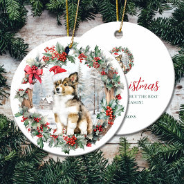 かわいいクリスマスコリー犬の子犬サンタ帽子 セラミックオーナメント