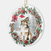 かわいいクリスマスコリー犬の子犬サンタ帽子 セラミックオーナメント (左)
