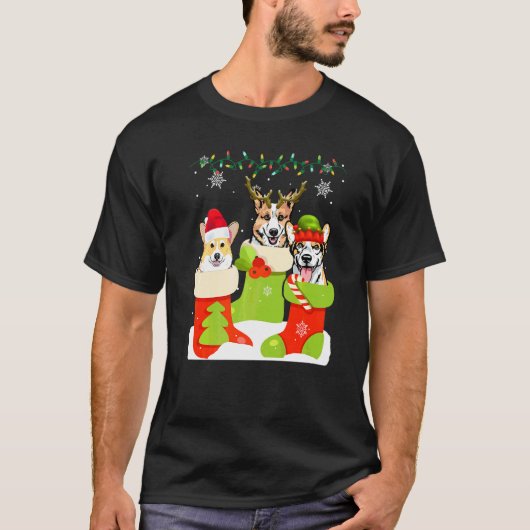 かわいいクリスマスコーギーの靴下のサンタとトナカイ Tシャツ (正面)