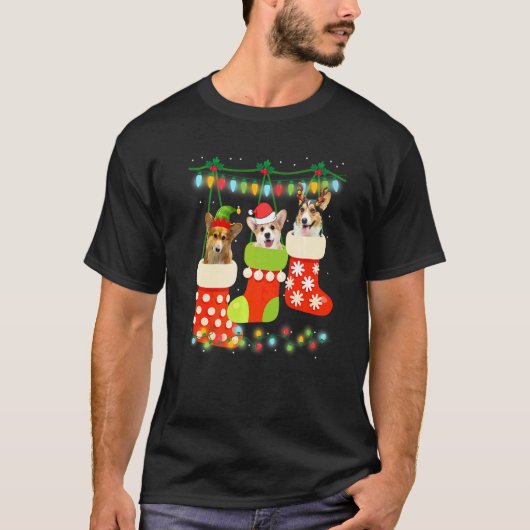 かわいいクリスマスコーギー靴下のサンタとトナカイ Xmas Tシャツ (正面)