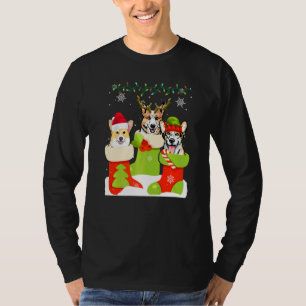 かわいいクリスマスコーギー靴下のサンタとトナカイ Xmas Tシャツ