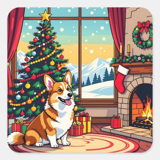 かわいいクリスマスコーギー スクエアシール (正面)
