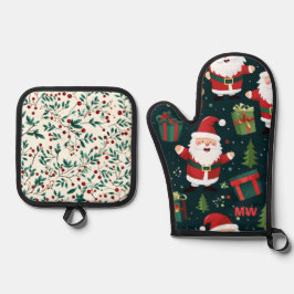 かわいいクリスマスサンタとホリー 鍋つかみ&鍋敷きセット