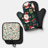 かわいいクリスマスサンタとホリー 鍋つかみ&鍋敷きセット (正面/裏面)