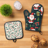 かわいいクリスマスサンタとホリー 鍋つかみ&鍋敷きセット (トップダウン)