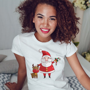 かわいいクリスマスサンタと赤ちゃんトナカイTシャツ Tシャツ