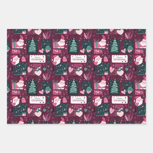 かわいいクリスマスサンタクロースのパターン ラッピングペーパーシート (正面)