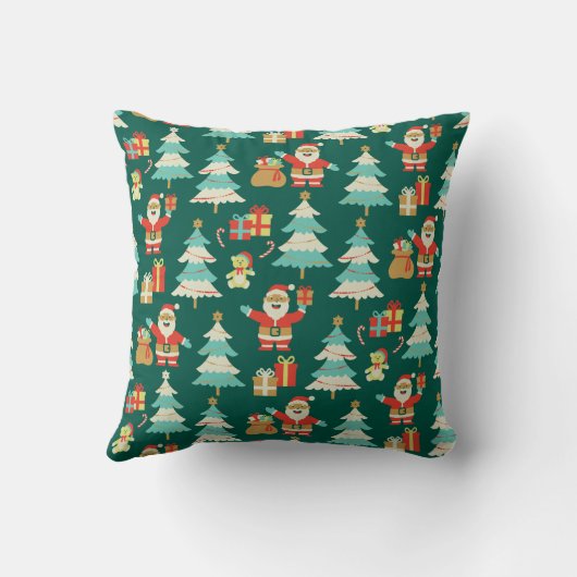 かわいいクリスマスサンタシーンダークグリーンヴィンテージ クッション (裏面)