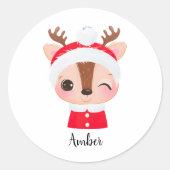 かわいいクリスマスサンタトナカイの頭 ラウンドシール (正面)