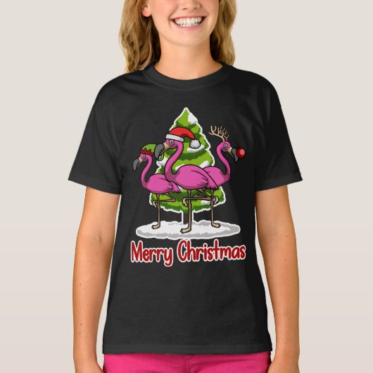 かわいいクリスマスサンタフラミンゴクリスマスプレゼント Tシャツ (正面)