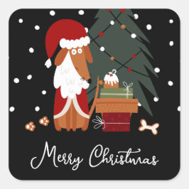 かわいいクリスマスサンタポーズドッグ&プレゼント スクエアシール