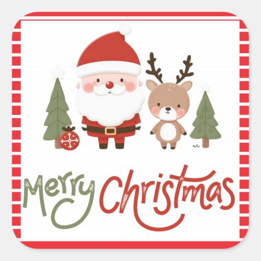 かわいいクリスマスサンタ&トナカイ スクエアシール (正面)